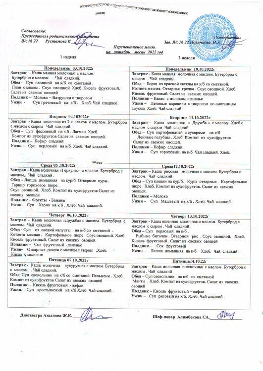 Перспективное меню на октябрь 2022г