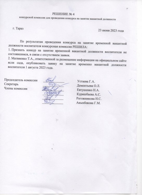 Решение конкурсной комиссии на занятие вакантной должности