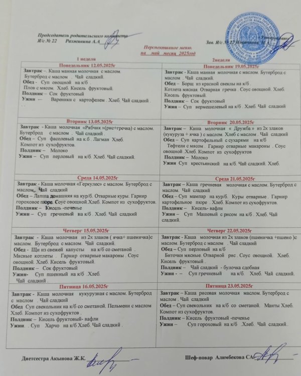 Перспективное меню на МАЙ 2025 г