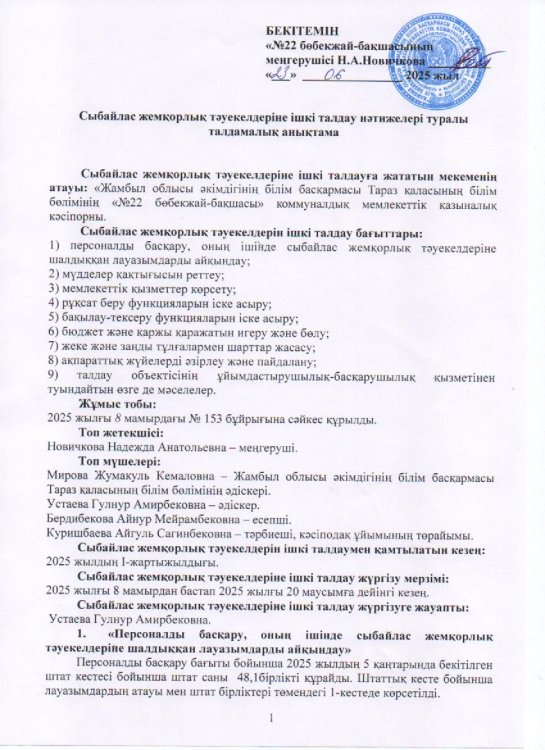 Сыбайлас жемқорлық тәуекелдеріне ішкі талдау нәтижелері туралы