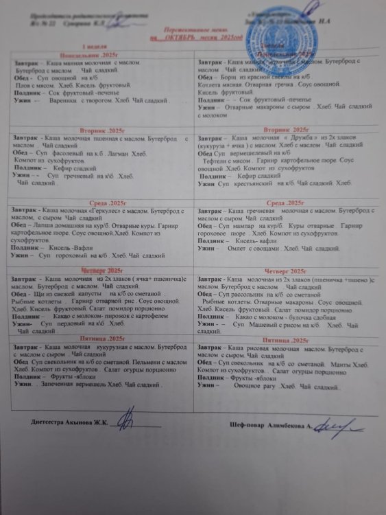 Десятидневное меню Октябрь 2025год