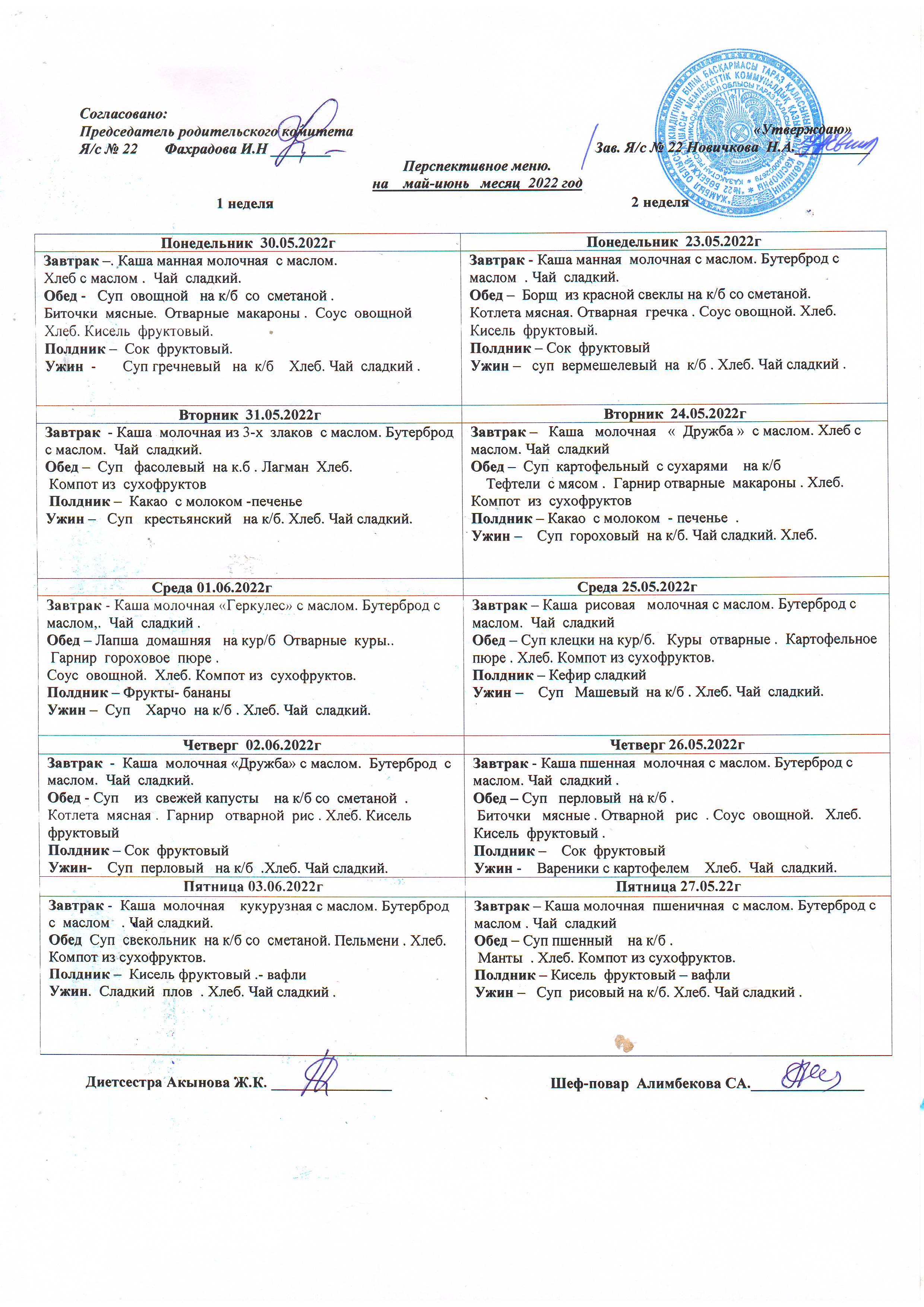 Перспективное меню на май 2022г