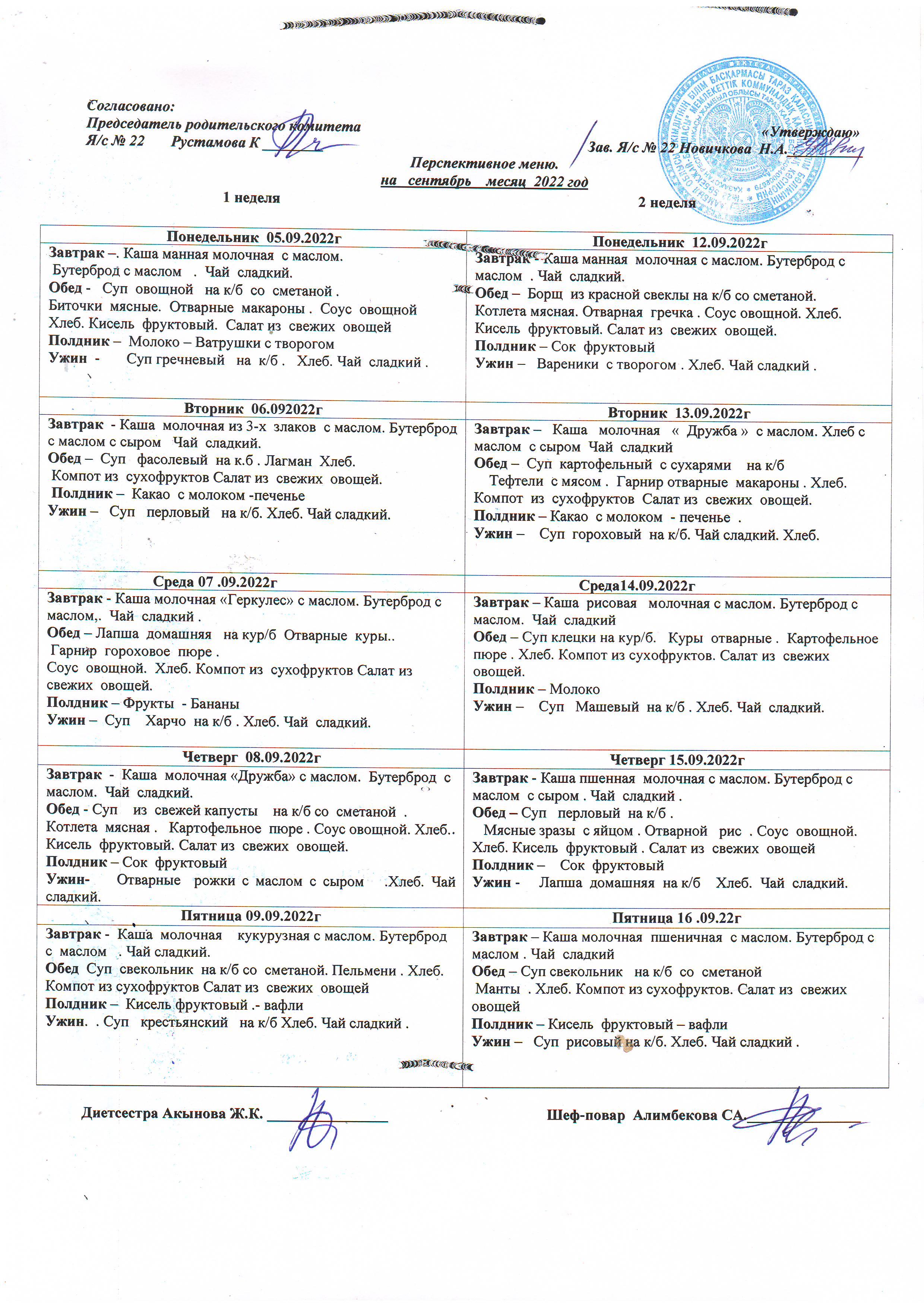 Перспективное меню на сентябрь 2022г