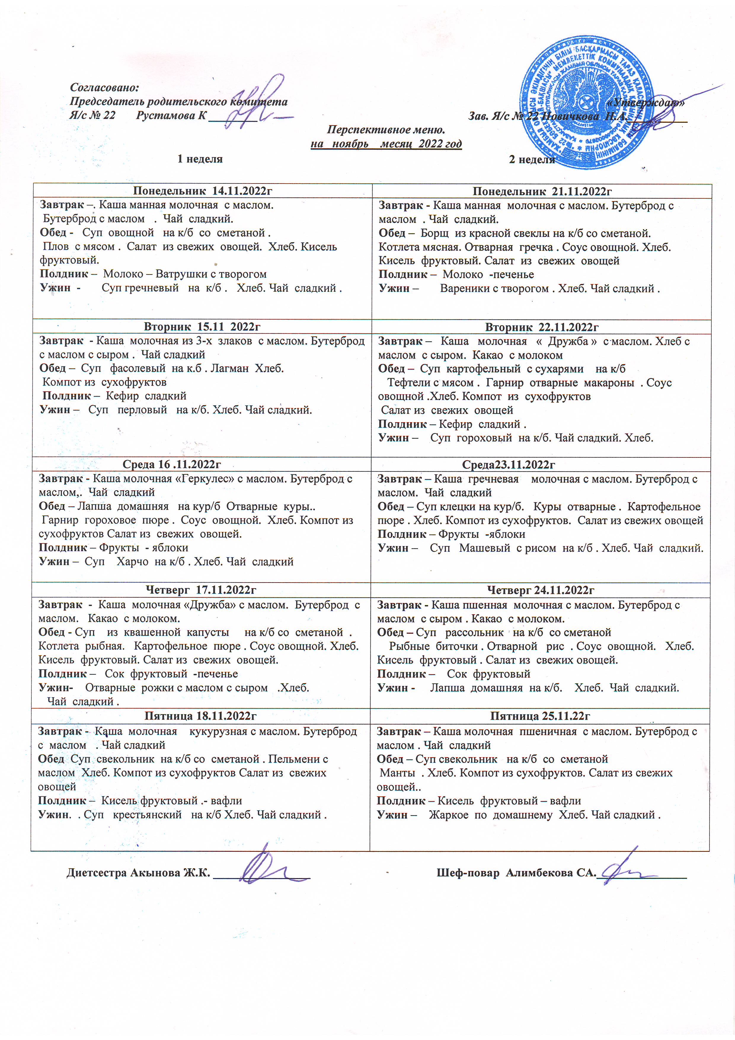 Меню на ноябрь 2022 год