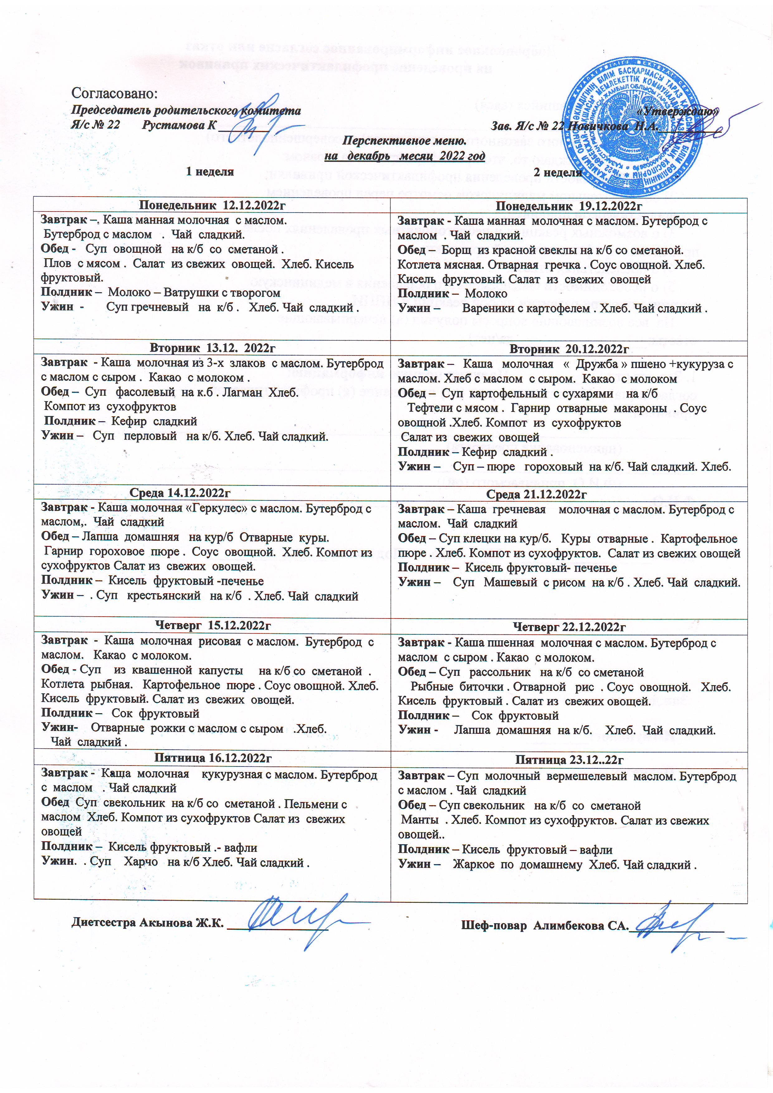 Меню на декабрь 2022 год