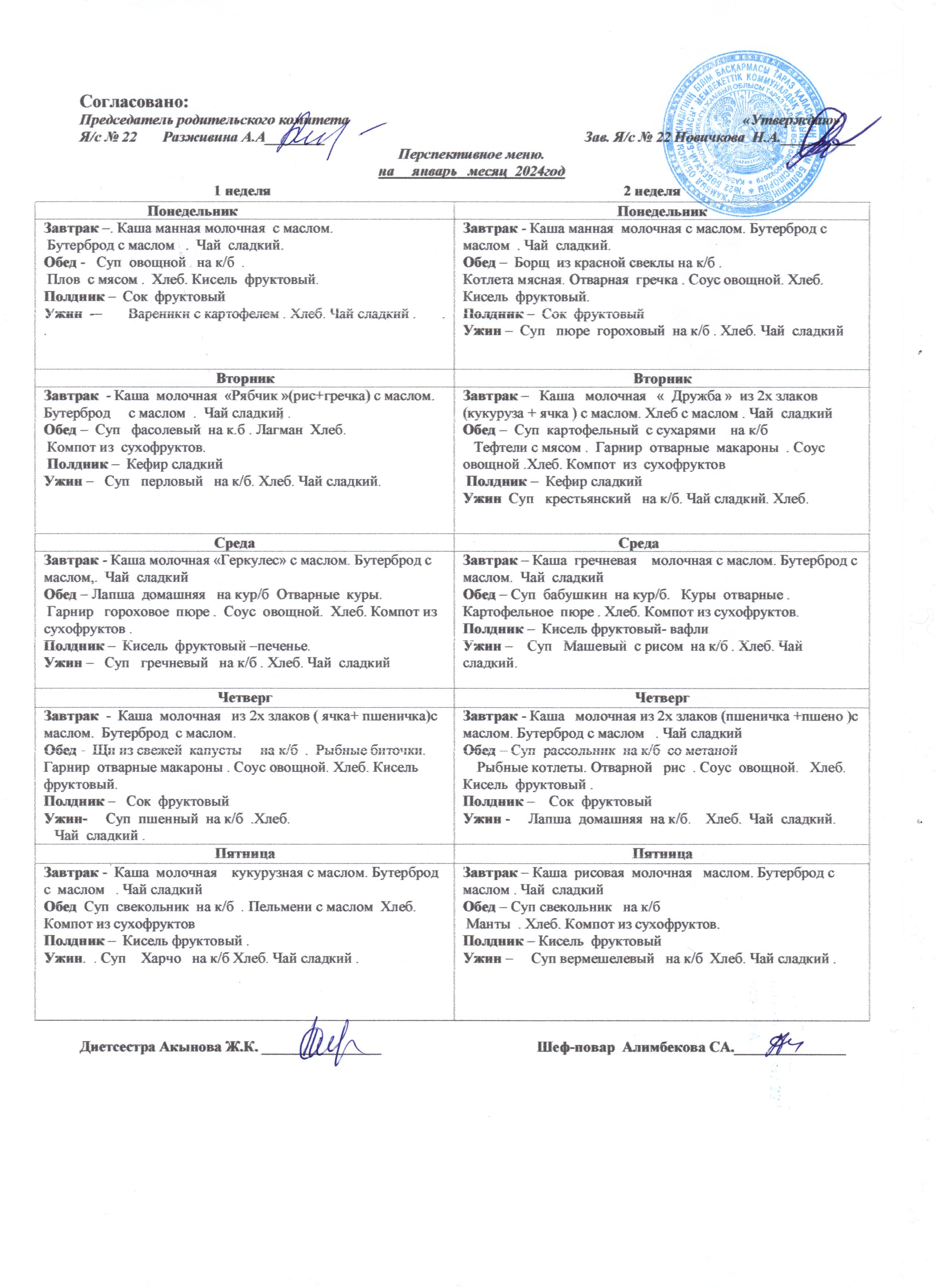 меню на январь