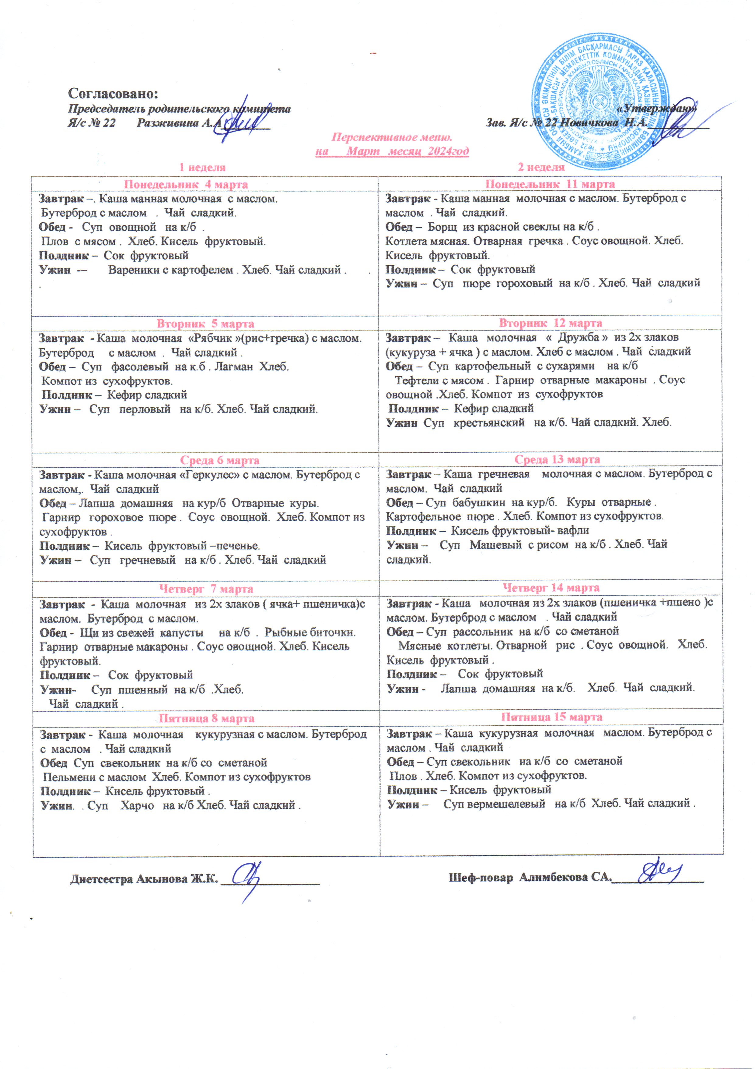 Перспективное меню на МАРТ 2024