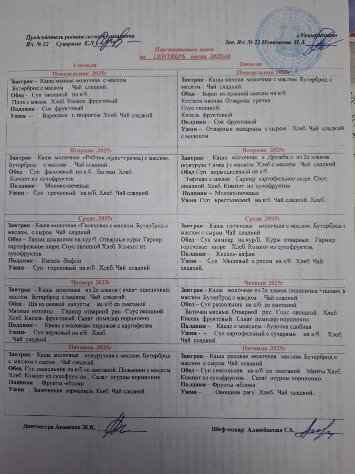 Десятидневное меню Сентябрь 2025год